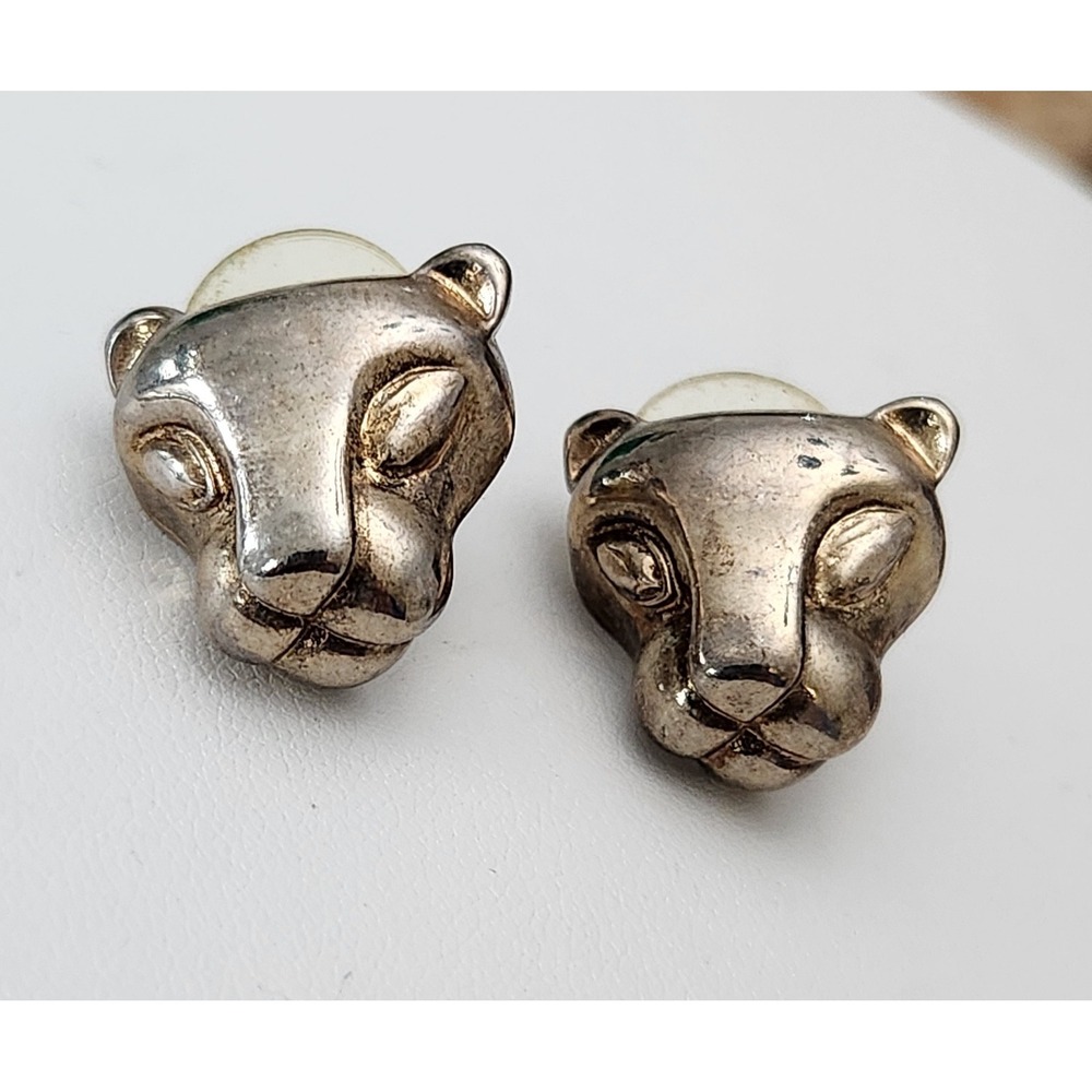 Vintage Kenneth Jay Lane KJL Silver Tone Panther Face Big Cat Earrings‎